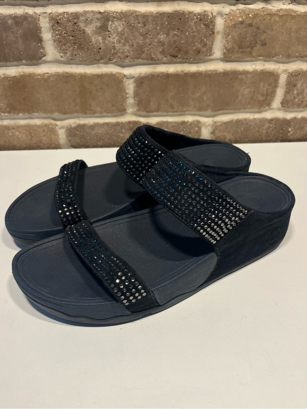 FITFLOP Midnight Blue Flare Strobe Rhinestone Wedge Slide Sandals Comfort Size 9